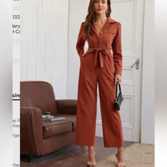 SHEIN Pants Jumpsuits Burnt Orange Rust Belted Wide Leg Long